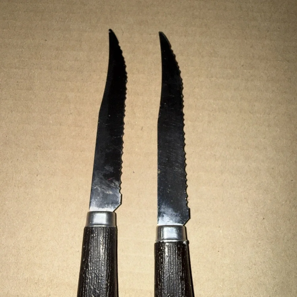 VTG Quikut Lot of 2 Stainless Serrated Steak Knives Dark Brown Faux Wood Handle